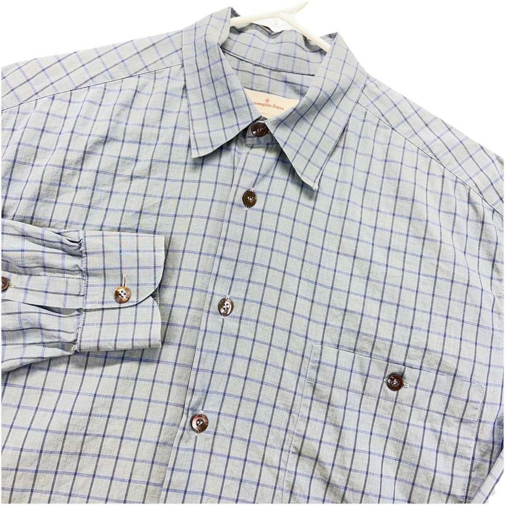 Ermenegildo Zegna Shirt Mens Large Check Button Up Long Sleeve Made in Italy